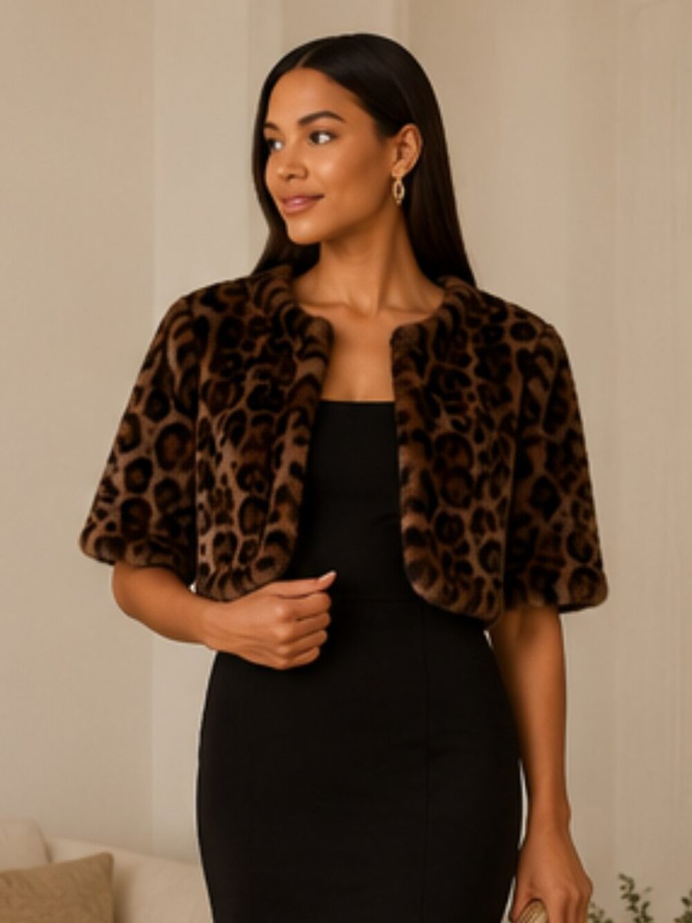 Adrianna Papell Brown Animal Print Faux Fur Bolero Shrug Jacket NWT Size S